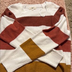 Bold Red and White Crew Neck Sweater with Stripes